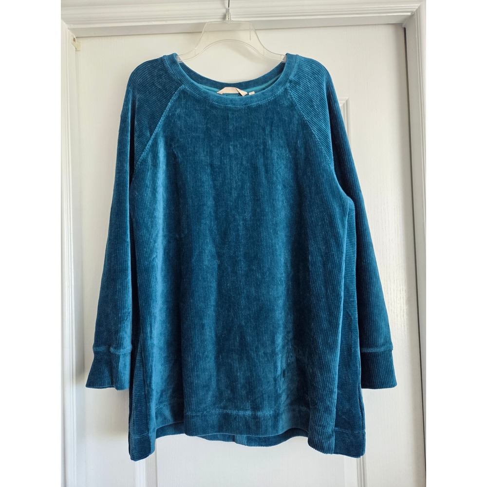 Soft Surroundings Teal Blue Corduroy Knit Button Back Long Sleeve Tunic Top Sz L